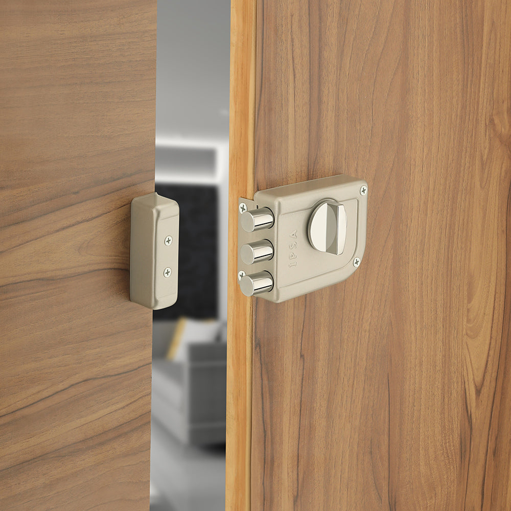 IPSA Mini Tribolt Main Door Rim Lock Lockset for Home with Computer Dimple Key Knob On Inside Small Deadlock Finish SS